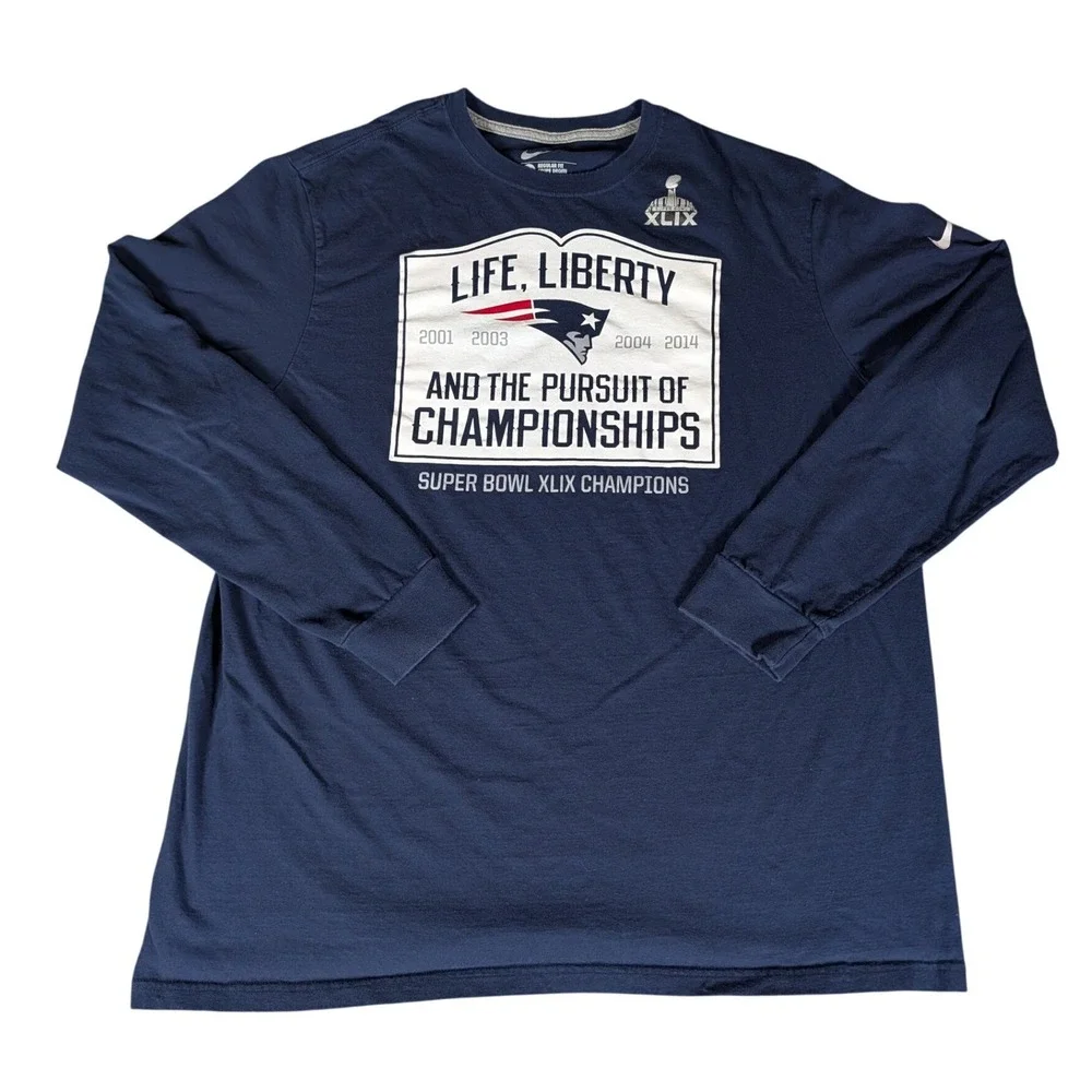 Nike New England Patriots Super Bowl XLIX Champions Long Sleeve Navy Blue Shirt‎